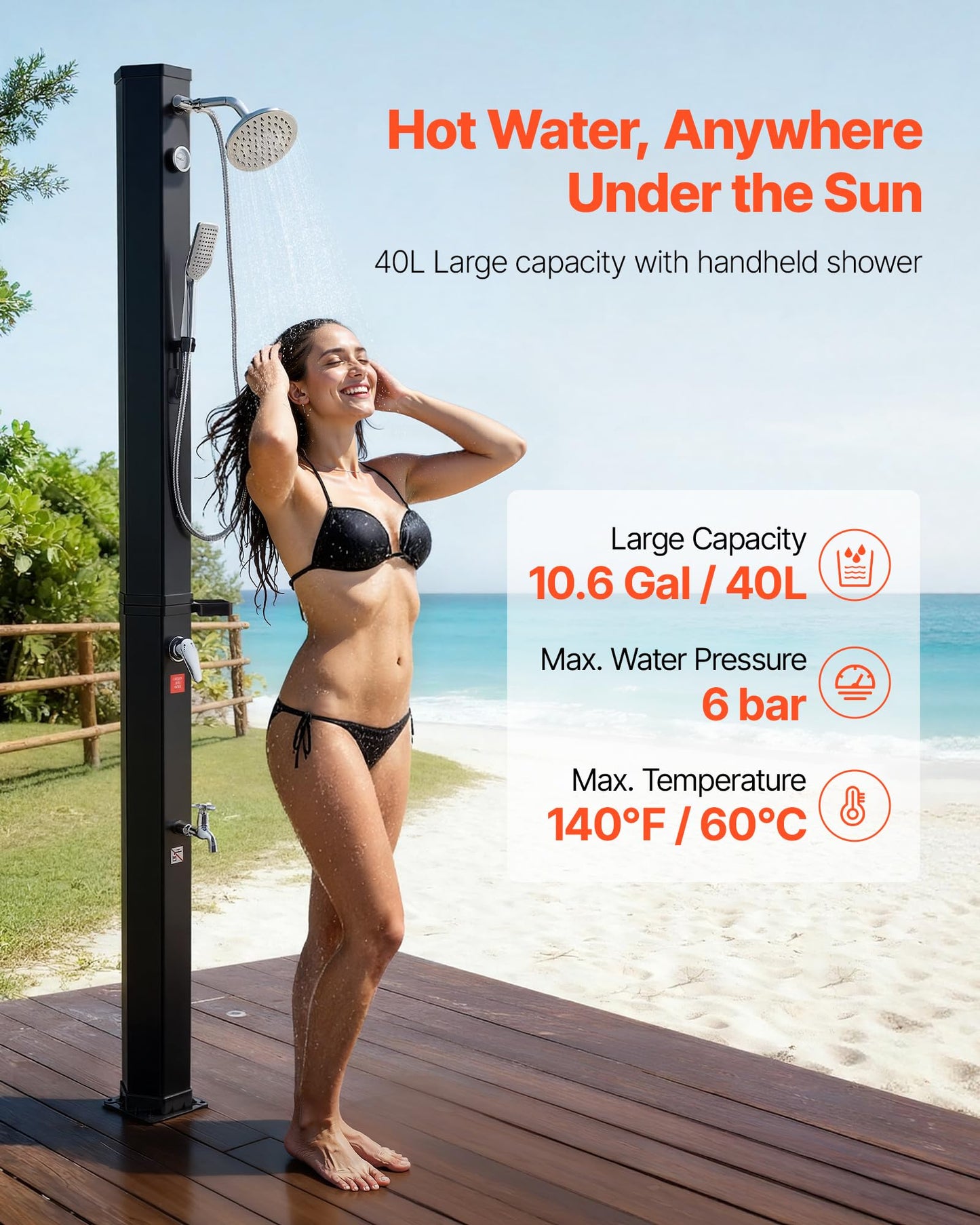 VEVOR Solar Shower, 10.6 Gal, 6.7FT Showerhead Height Outdoor Shower, Black, with Handheld & Foot Faucet, Hot & Cold Water Adjustment, Freestanding for Backyard Poolside Beach Pool