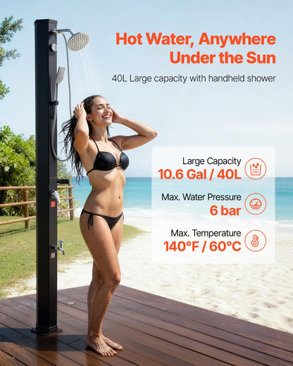 VEVOR Solar Shower, 10.6 Gal, 6.7FT Showerhead Height Outdoor Shower, Black, with Handheld & Foot Faucet, Hot & Cold Water Adjustment, Freestanding for Backyard Poolside Beach Pool