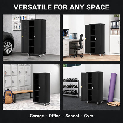 Garvee Large Metal Cabinet Two Lockable Doors Four Wheels,Four Adjustable Dividers Can Be Used As Tool File Storage Suitable for Garages Schools Gyms Offices