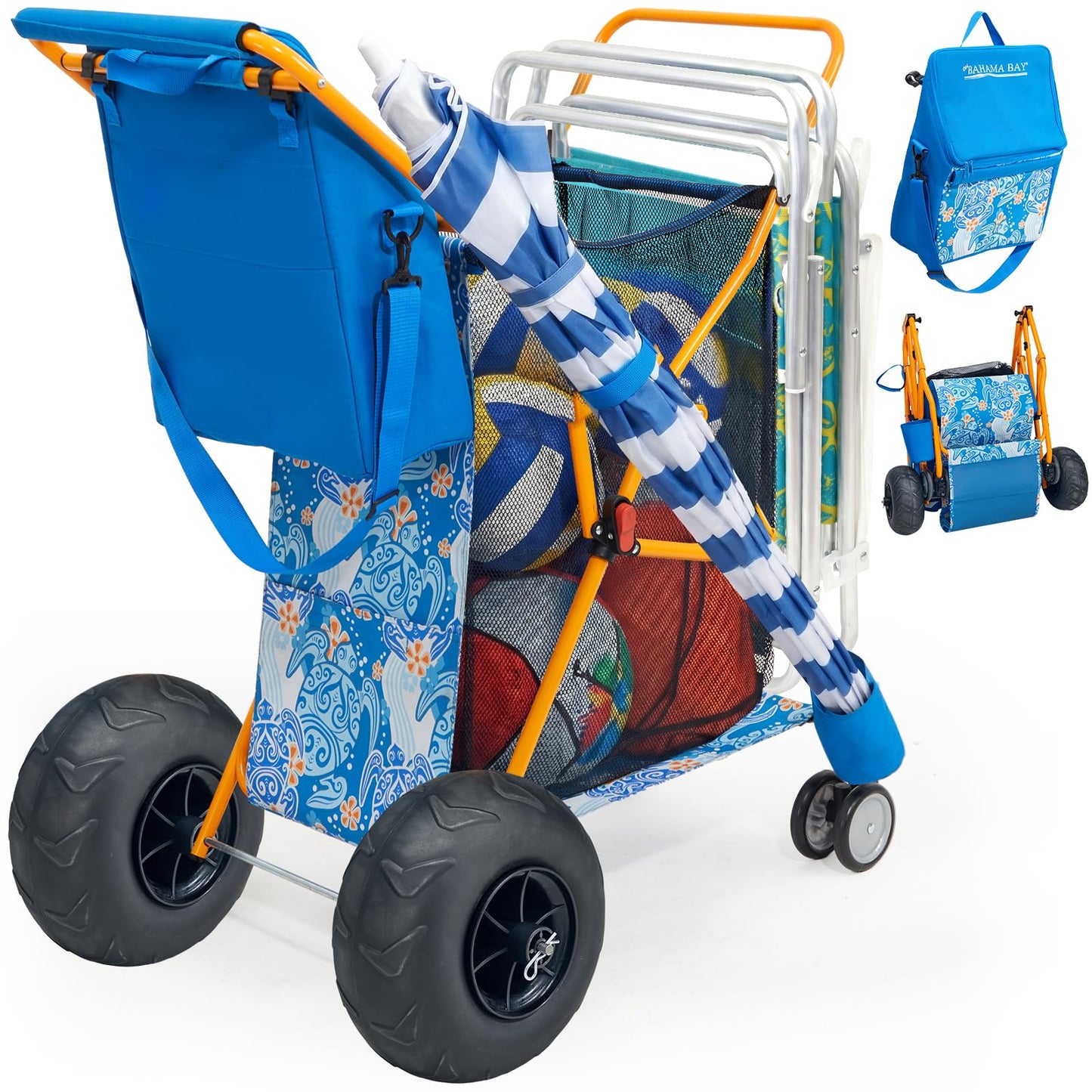 Old Bahama Bay Heavy Duty Beach Cart with 9” Balloon Wheels, All-Terrain Sand Wagon Replacement, Inflatable Big Wheels for Soft Sand, Foldable Beach Gear Carrier with Cooler & Umbrella Holder, 100lbs