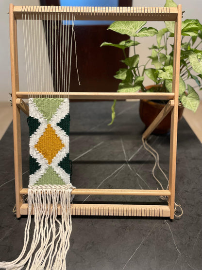 Fireside Crafts Solid Wood Table-top Weaving Loom, 25.2" H x 19.3" W Extra Large Frame, Solid Maple with Sturdy Metal fastenings, Comb, Shuttle, Hanging Rod, Weaving Loom for Aspiring hobbyists.