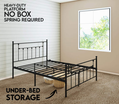 Golden Gate Beds Victorian Style Metal Platform Bed Frame with Antique Wrought Iron-Art Headboard and Footboard, Classic Cama Steel Mattress Foundation, No Box Spring Needed, Full Size, Black Finish