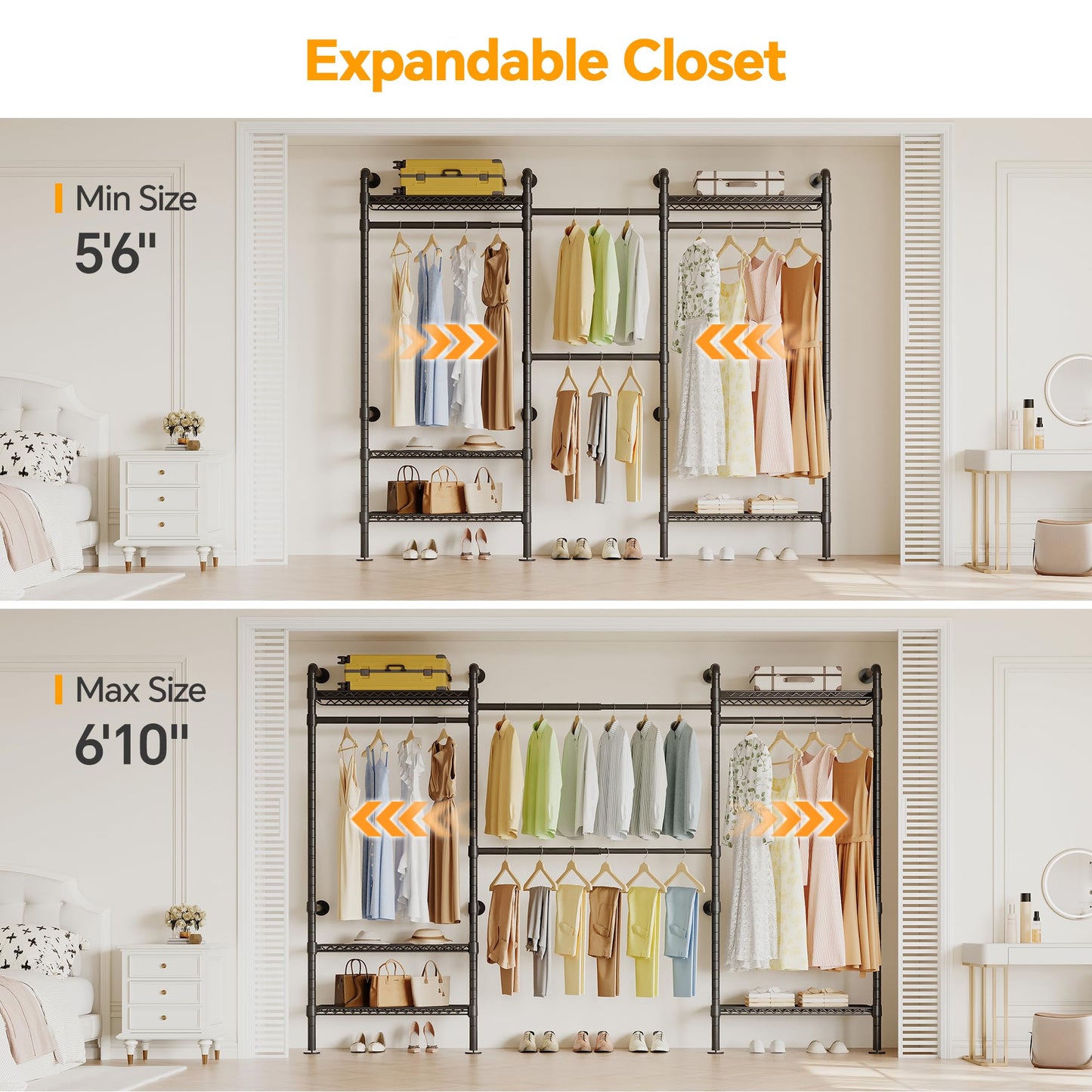 Higeego W3 Industrial Pipe Clothing Rack, Wall Mounted Clothes Rack Closet Wardrobe System with Expandable Hanger Rods Adjustable Storage Shelves, Heavy Duty Corner Walk-in Closet System, Black