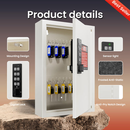 Grimtron 40 Keys Lock Box for Keys with Code, Electronic Key Box Wall Mount Cabinet, Private/Public Mode, Beige