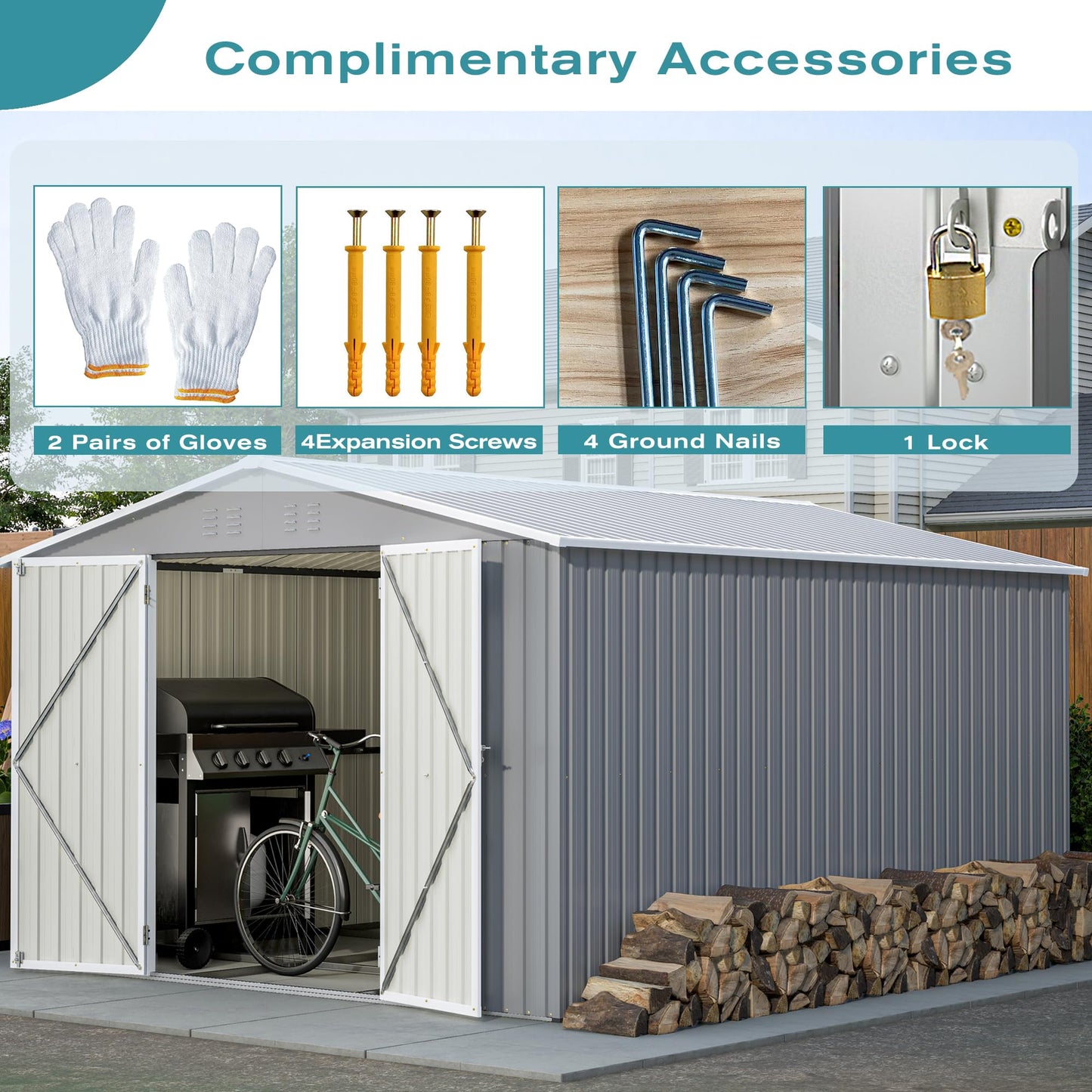 KEIKI 10x12 FT Metal Storage Shed with Reinforced Floor Frame, Outdoor Garden Tool Shed with Lockable Double Doors, Ventilated Galvanized Steel Utility Storage House for Backyard Patio Lawn Equipment