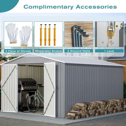 KEIKI 10x12 FT Metal Storage Shed with Reinforced Floor Frame, Outdoor Garden Tool Shed with Lockable Double Doors, Ventilated Galvanized Steel Utility Storage House for Backyard Patio Lawn Equipment