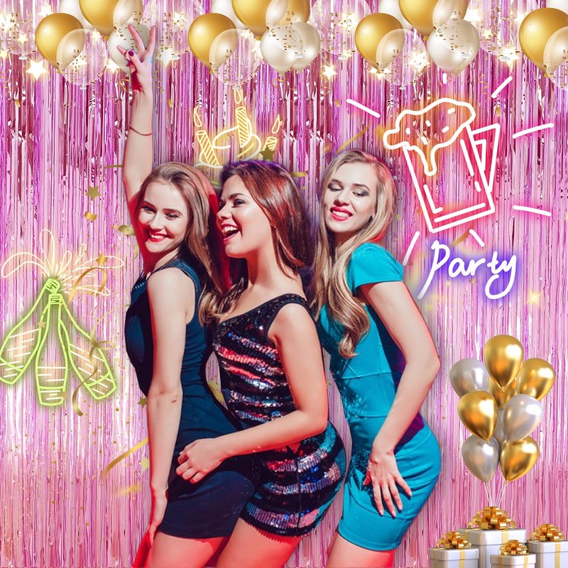 2 Pack 3.28 ft x 6.56 ft Pink Tinsel Curtain Party Backdrop Decorations, Metallic Foil Fringe Backdrop Door for Halloween, Christmas, Birthday Graduation Wedding Party Streamers Photo Backdrop.