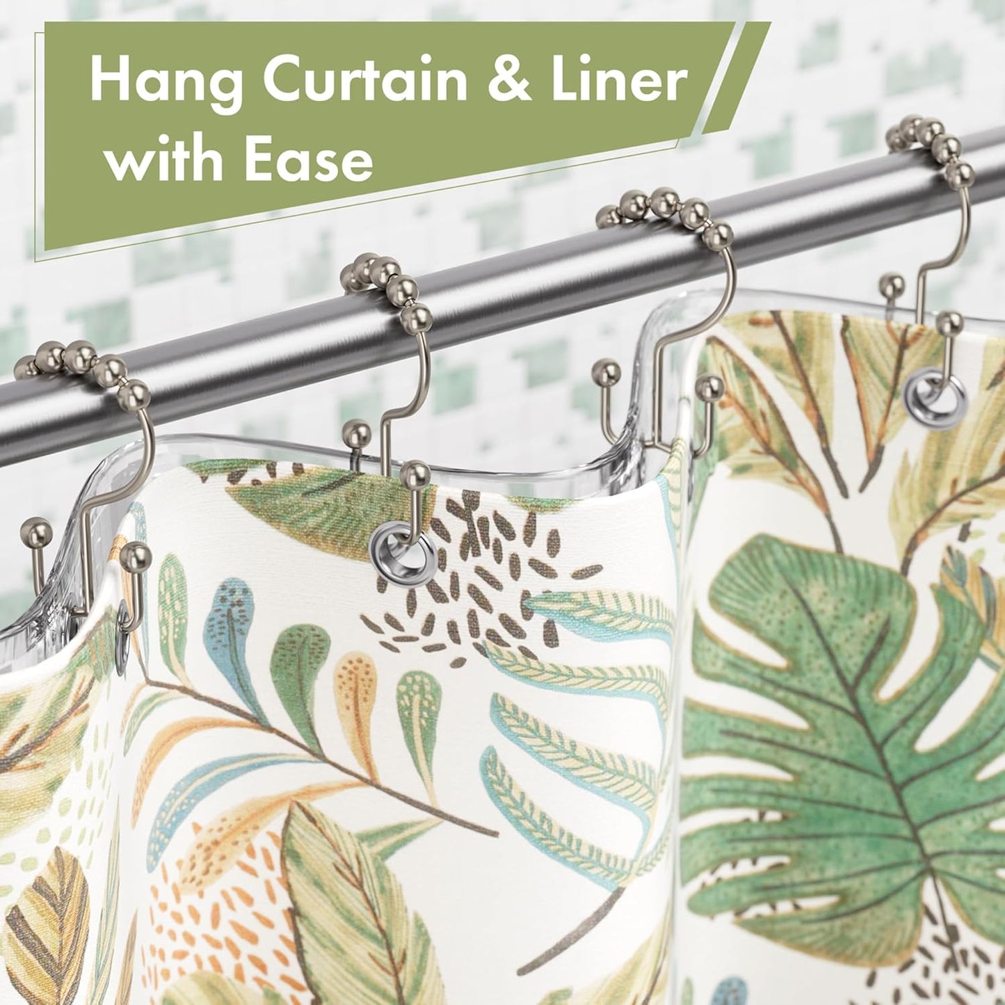 Amazer Shower Curtain Hooks - 12PCS Rust-Resistant Metal Double Rings for Smooth Rolling | Nickel Finish