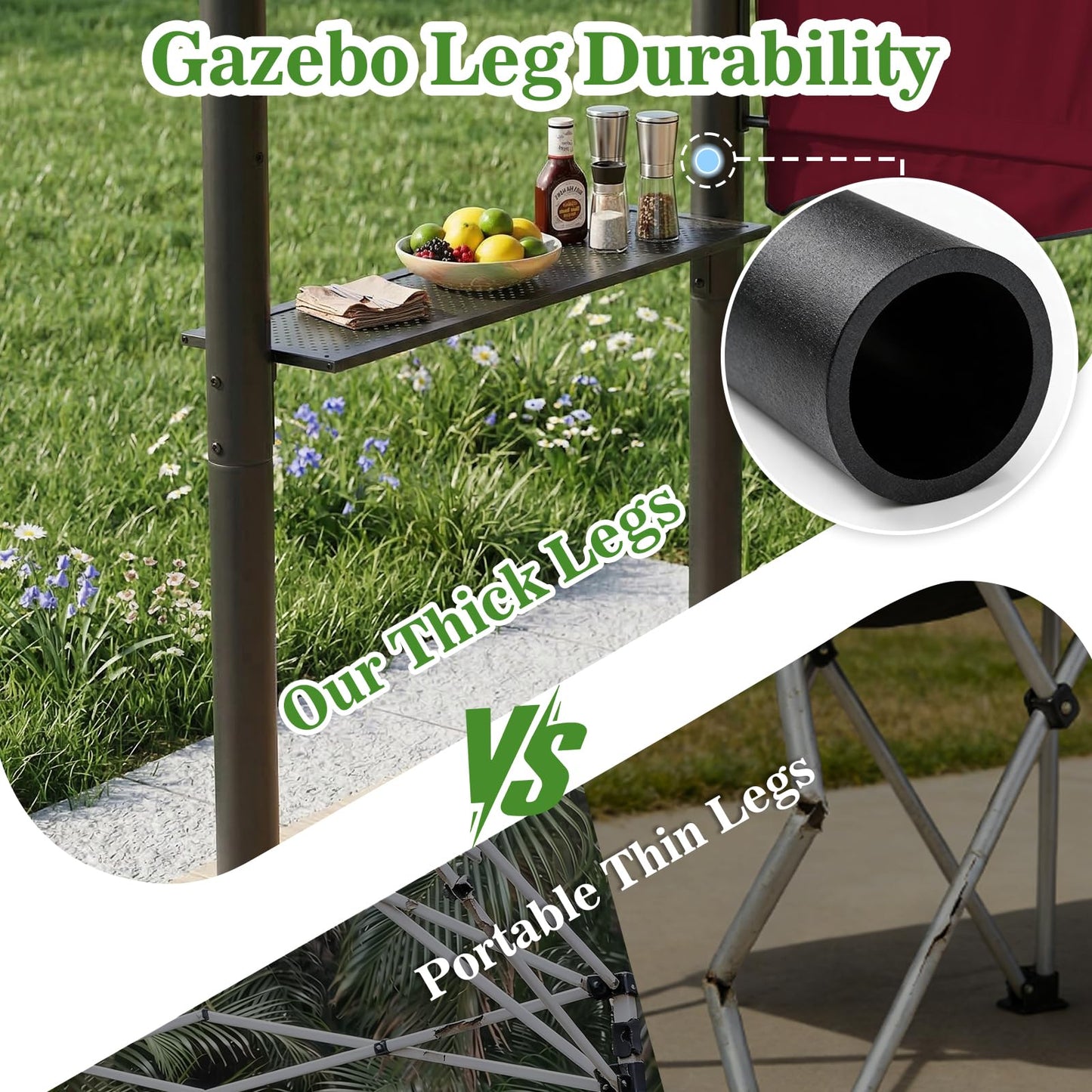 CHARMELEON 8x8 FT Grill Gazebo,Grill Canopy with Big Awning&2 Side Shelves&6 Hooks,Powder-Coated Steel BBQ Shelter for Patio Backyard Outdoor Grilling-Burgundy