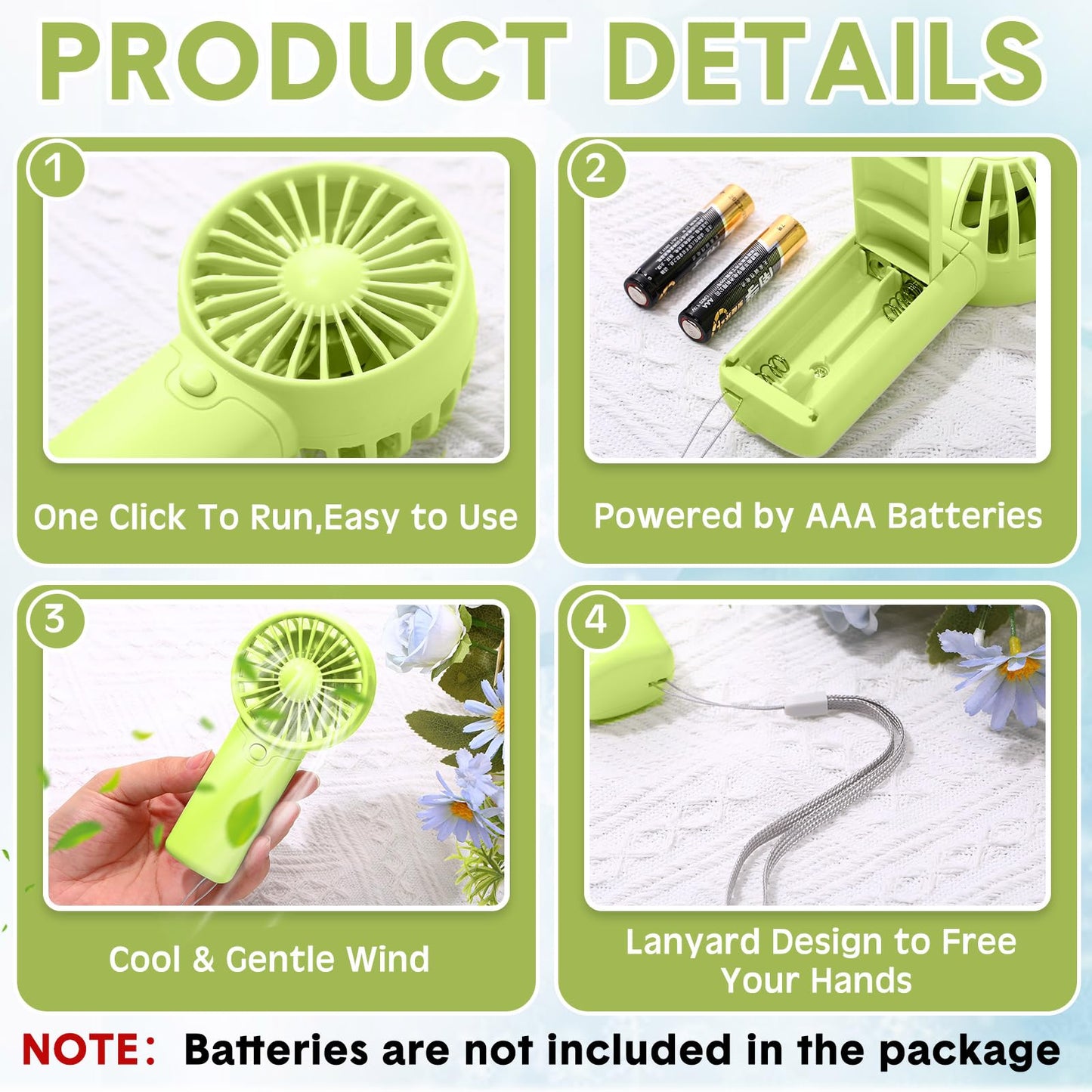 Rossesay 60 Pcs Mini Portable Fan Small Handheld Battery Operated Portable Personal Fans for Summer Travel Beach Indoor Outdoor Cooling Gift(Green, Pink, White, Blue, Black, Purple)