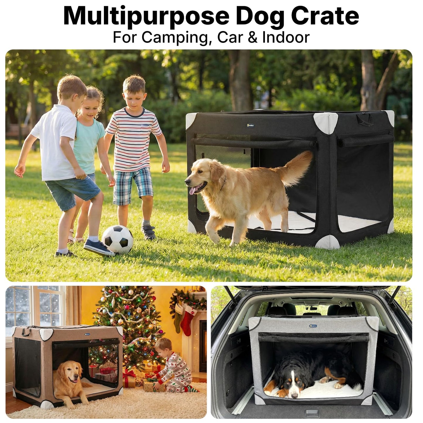 Veehoo Large Dog Crate for Indoor Outdoor, Portable Collapsible Travel Dogs Crate, 36 Inch Soft Foldable Pet Kennel with 4-Door Mesh Windows