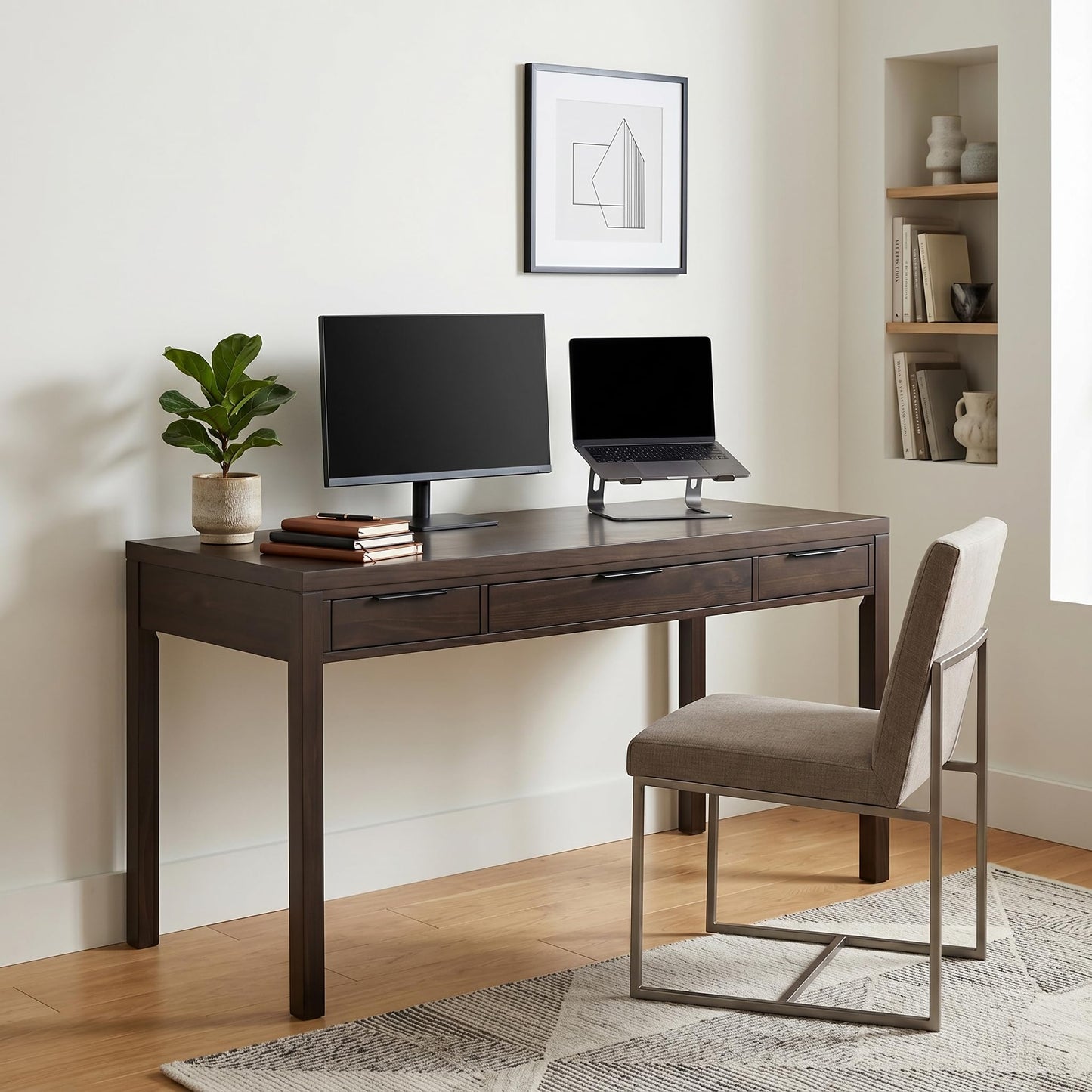 SIMPLIHOME Hollander Desk - 60 Inch Wide Solid Wood Writing Desk in Warm Walnut Brown, Contemporary Home Office Computer Table for Workspace or Study with 2 Drawers and Flip-Down Keyboard Tray