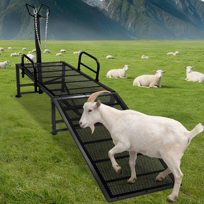 47"L Heavy Duty Goat Milking Stand with Detachable Ramp, 700lbs Capacity Sheep Trimming Station, Professional Livestock Grooming Platform with 4-Level Adjustable Headlock for Hoof Care