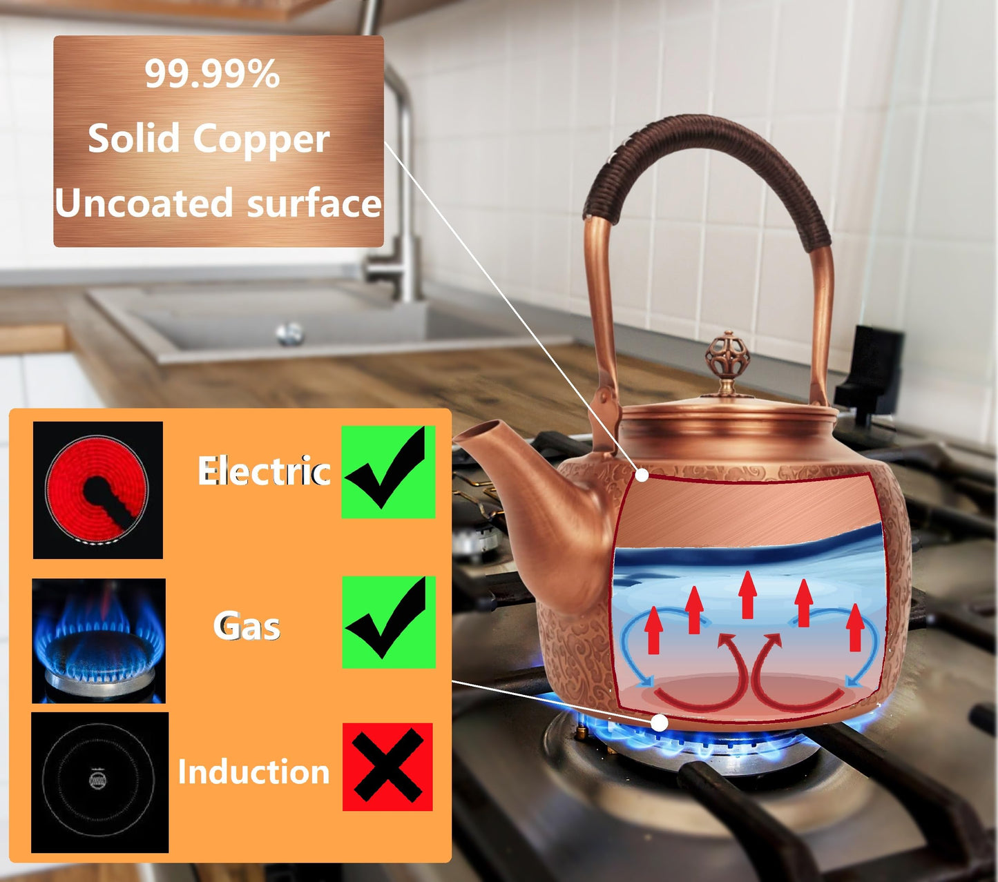 Kkekos Pure Copper Kettle Copper Teapot for Stovetop 1600ml (Type1)