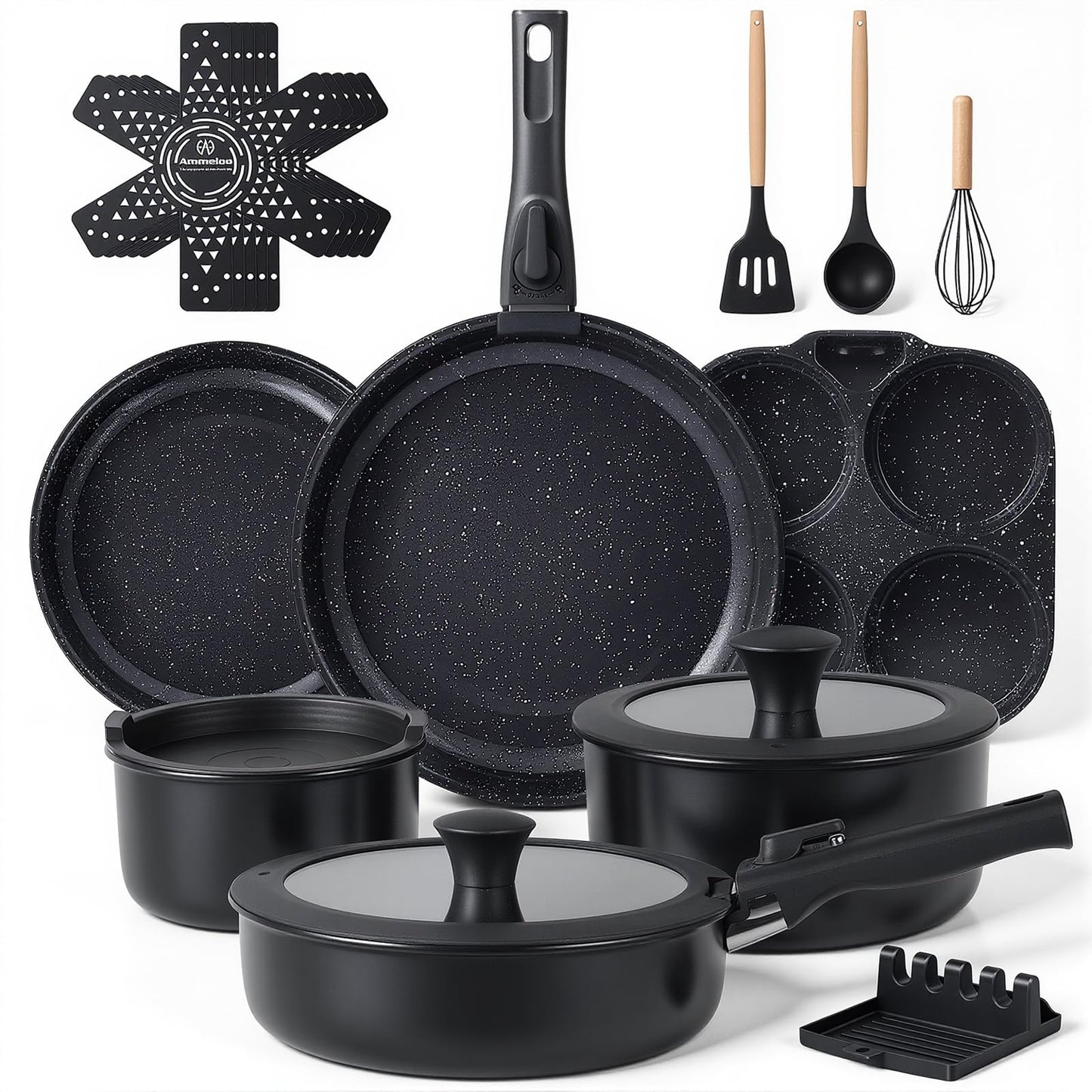 Ammeloo 21pcs Ceramic Pots and Pans Set Non Stick with Detachable Handles and Egg Frying Pan & 21 Pcs Pots and Pans Set with 3 Frying Pans