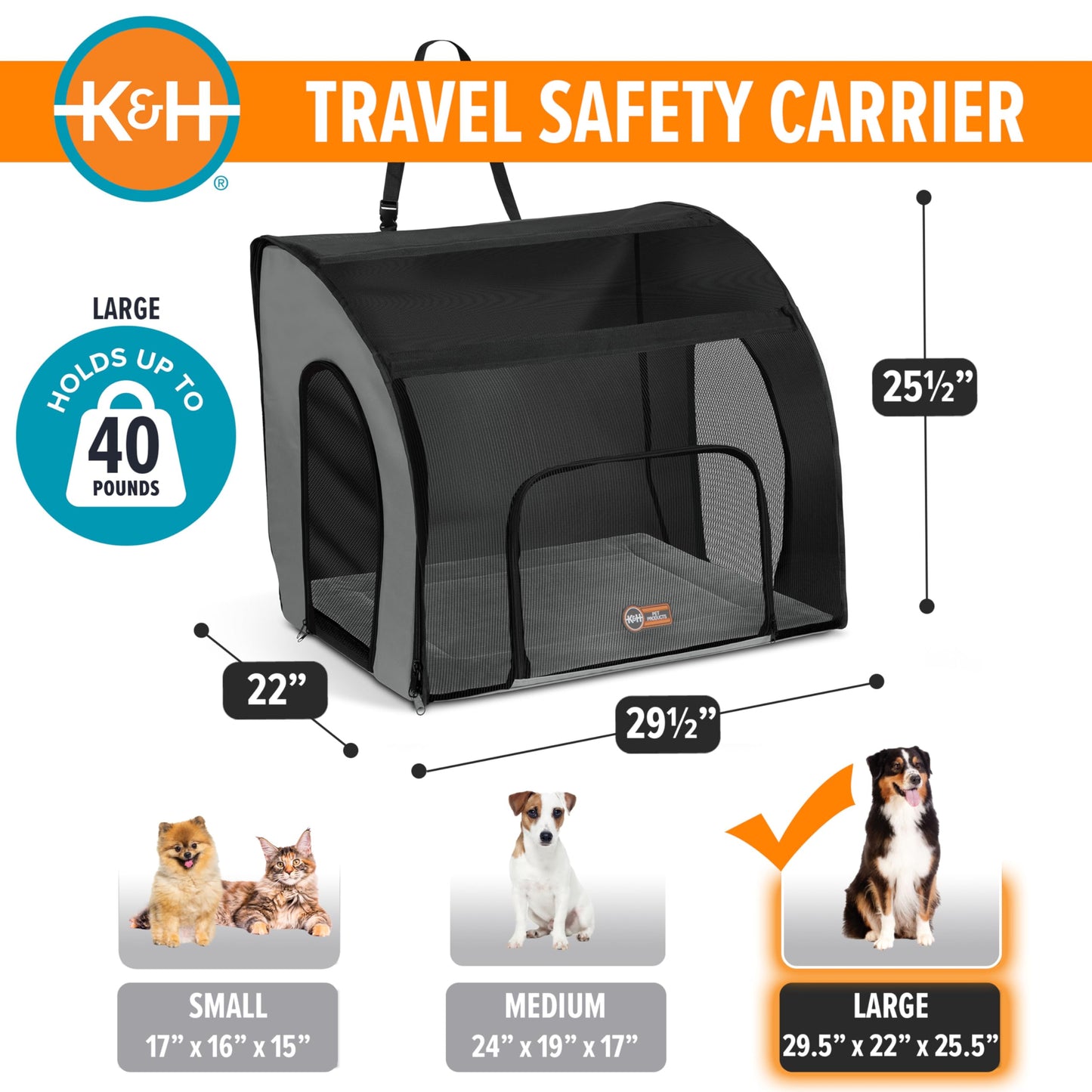 K&H Pet Products Enclosed Large Dog Car Seat, Travel Safety Carrier, Dog Travel Car Seat, Soft-Sided Covered Pet Carrier, Washable Pad, Multiple Entrances, Mesh Windows - Large 29.5 X 22 X 25.5in