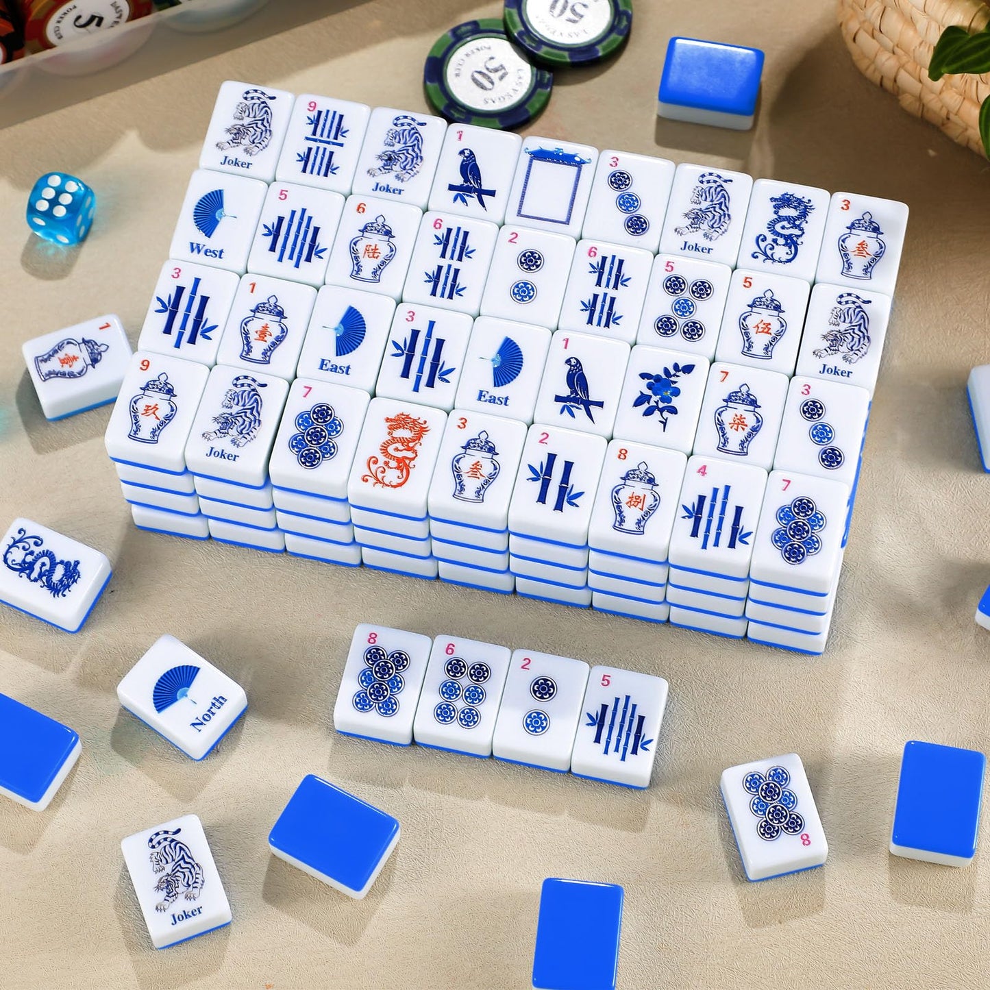 Arrowbash Christmas 160 Pcs Chinoiserie Mahjong Tile Set, 1.2 x 0.8 Inches Melamine Blue Back American Mahjong Only, Travel Ma Jiang Tiles for Adult Classic Board for Family Night