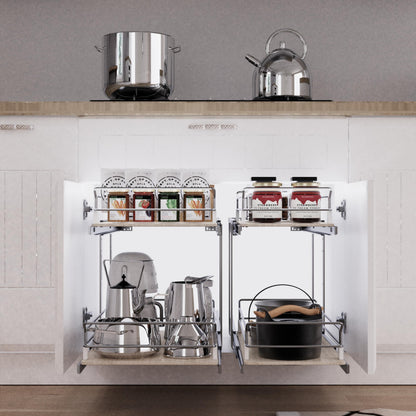 2 Tier Pull Out Cabinet Organizer 20" W X 22" D, Slide Out Drawers For Kitchen Cabinets, Pull Out Drawers For Cabinets Capacity Heavy Duty Caddy, Cabinet Pullout Shelves Wood Chrome, Pantry Storage