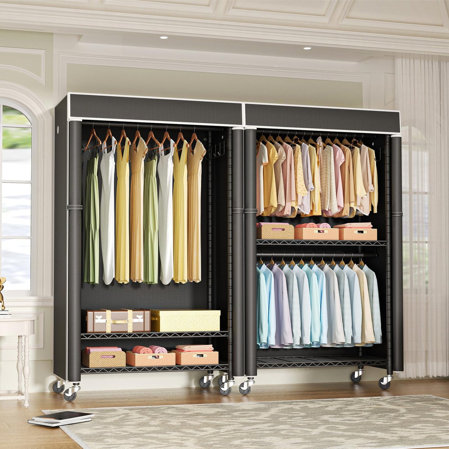 FUTASSI P1 and P1C Black Garment Rack Bundle, Rolling Closet Rack with Wheels, Metal Garment Rack for Hanging Clothes, Clothing Storage Wardrobe, Load 450 Pounds