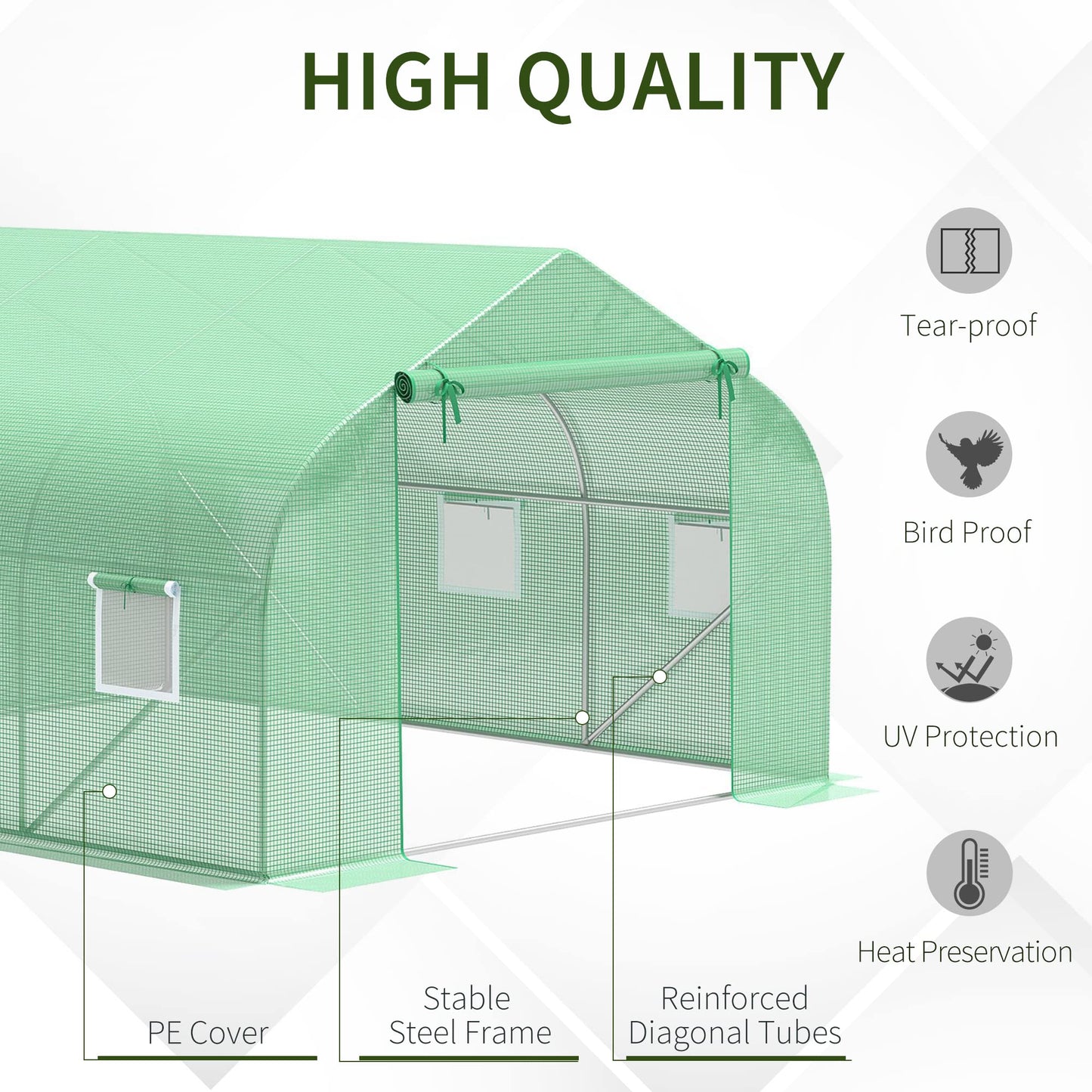Outsunny 11.5' x 10' x 6.5' Outdoor Walk-in Greenhouse, Tunnel Green House with Roll-up Windows, Zippered Door, PE Cover, Heavy Duty Steel Frame, Green