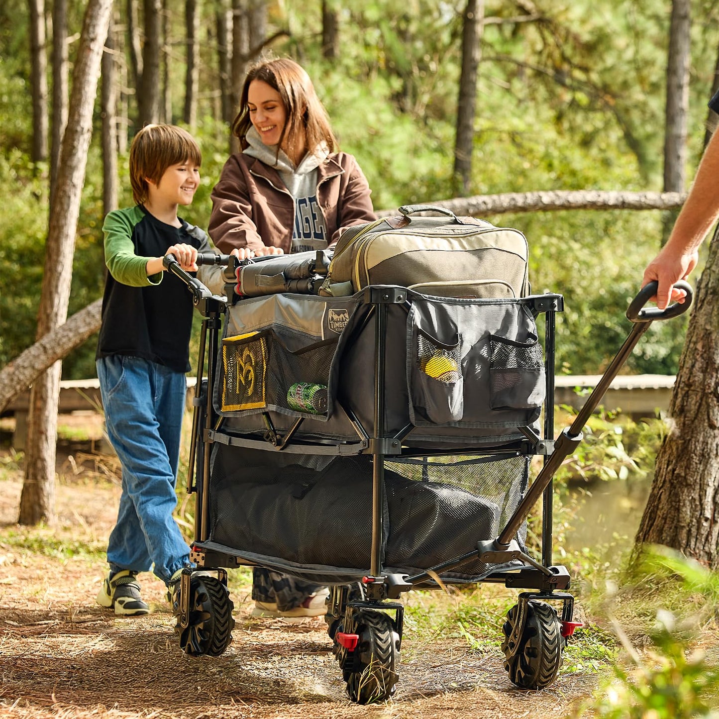 TIMBER RIDGE Push & Pull Double Decker Wagon, 400L Large Capacity Heavy Duty & 450lb Load, Collapsible Cart with All-Terrain Wheels & Brakes, 54” Extended Foldable for Sports, Beach, Camping, Grey