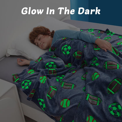 QSTEHEML Soccer Glow in The Dark Blanket,Football Gifts Toys for Kids Boys Age 3-12 Years Old, Birthday Gifts Luminous Sports Throw Blanket 50"×60"