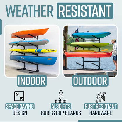 Teal Triangle Freestanding Kayak Storage Rack – 6 Kayak Rack & Canoe Rack – Indoor Outdoor Kayak – Adjustable Surfboard & Stand Up Paddle Board Holder – Adjustable Storage Stand - Black