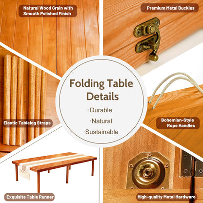LCKJZYL Folding Picnic Table with Table Runner, 60 * 30in Wooden Picnic Table for Outdoors, Boho Low Coffee Table for Sitting on The Floor, Suitable for Beach, Park, Garden, Camping, Travel(Brown)