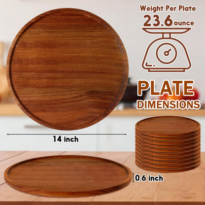 Rtteri 10 Pieces Acacia Round Wood Plates 14 x 0.6 Inch Dinner Plates Wooden Charger Platter Bulk Easy Cleaning Lightweight Serving Tray for Dishes Snack Dessert