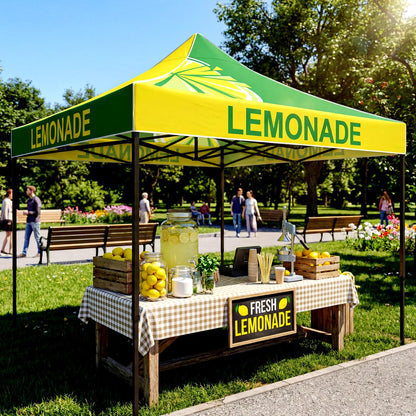 Oudain 10x10 Lemonade Themed Pop up Canopy Tent Commercial Canopy for Food Vendors Heavy Duty Pop up Shelter for Outdoor Catering Advertising Stand with Iron Frame and Silver Coated Fabric