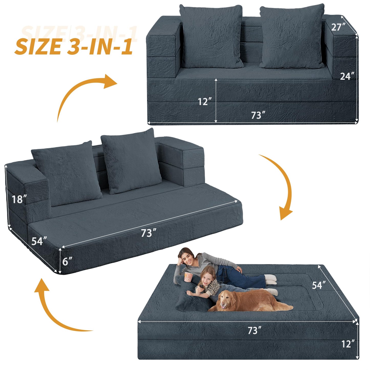 Cansunna Folding Bean Bag Chair for Adults,3-in-1 Bean Bag Couch Faux Fur Floor Sofa Large Beanbag Convertible Bean Bag Sofa Bed with Pillow in Bedroom,Living Room,Apartment(Queen,Dark Grey)