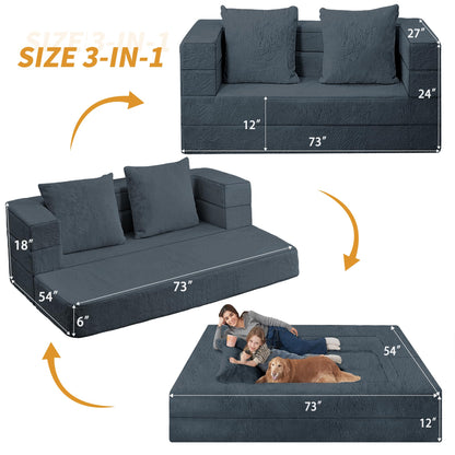 Cansunna Folding Bean Bag Chair for Adults,3-in-1 Bean Bag Couch Faux Fur Floor Sofa Large Beanbag Convertible Bean Bag Sofa Bed with Pillow in Bedroom,Living Room,Apartment(Queen,Dark Grey)