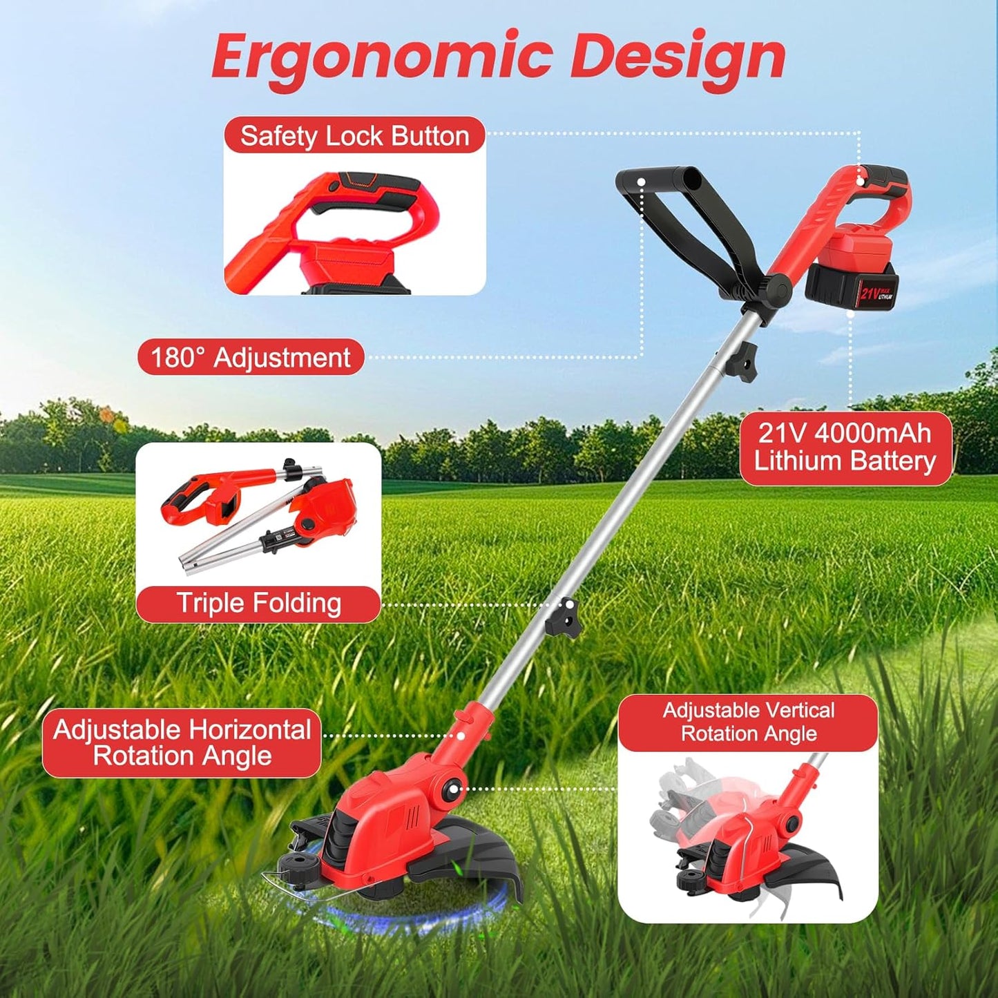 **Skiennix Cordless String Trimmer - 21V Weed Wacker with 2x4.0Ah Batteries & Fast Charger | 12" Automatic Feed**