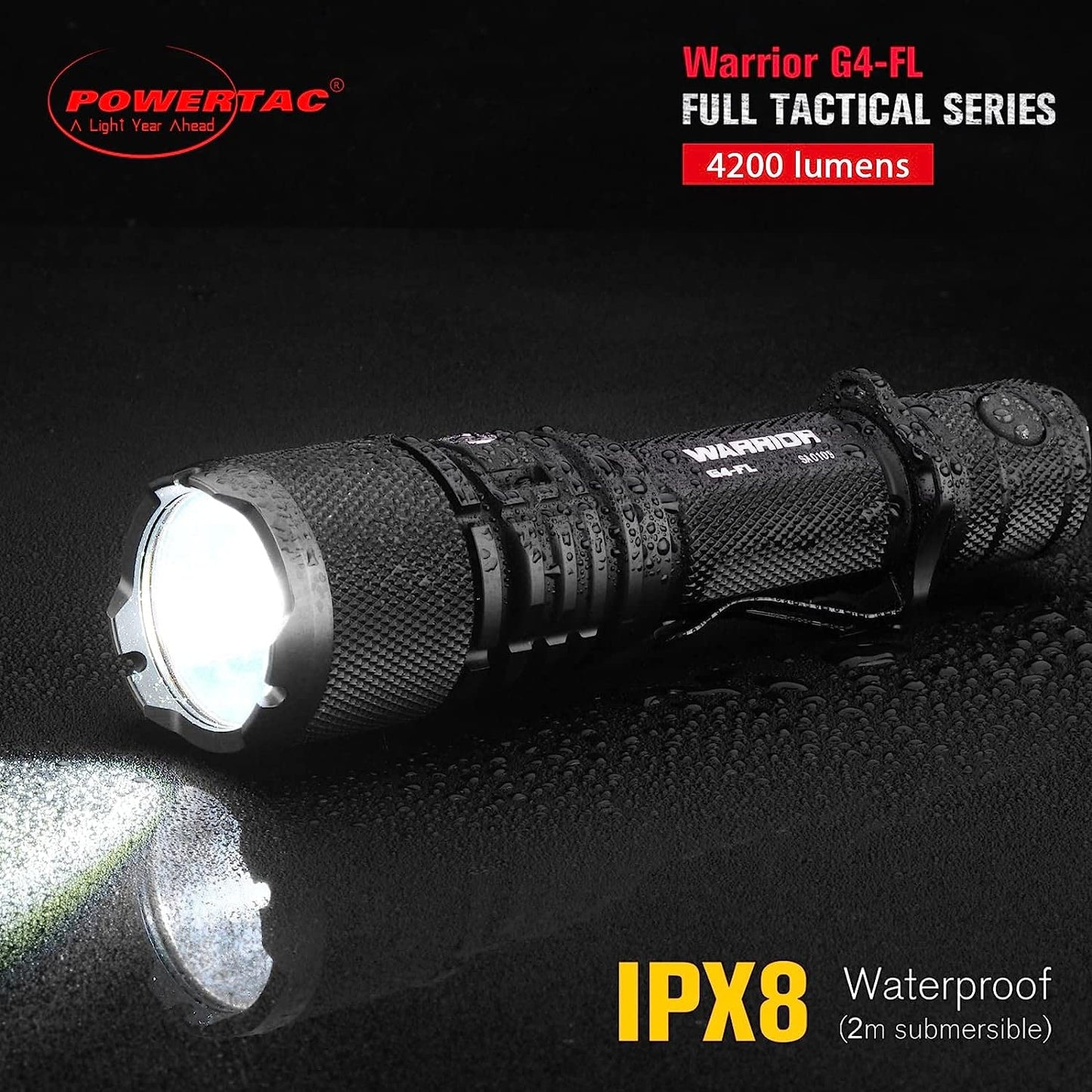PowerTac Warrior G4-FL 4200 Lumen (Wide Beam) Tactical Handheld Flashlight High Lumen, Waterproof, USB Rechargeable Flashlight and Dual-Charging Magnetic Police Duty LED Flashlight