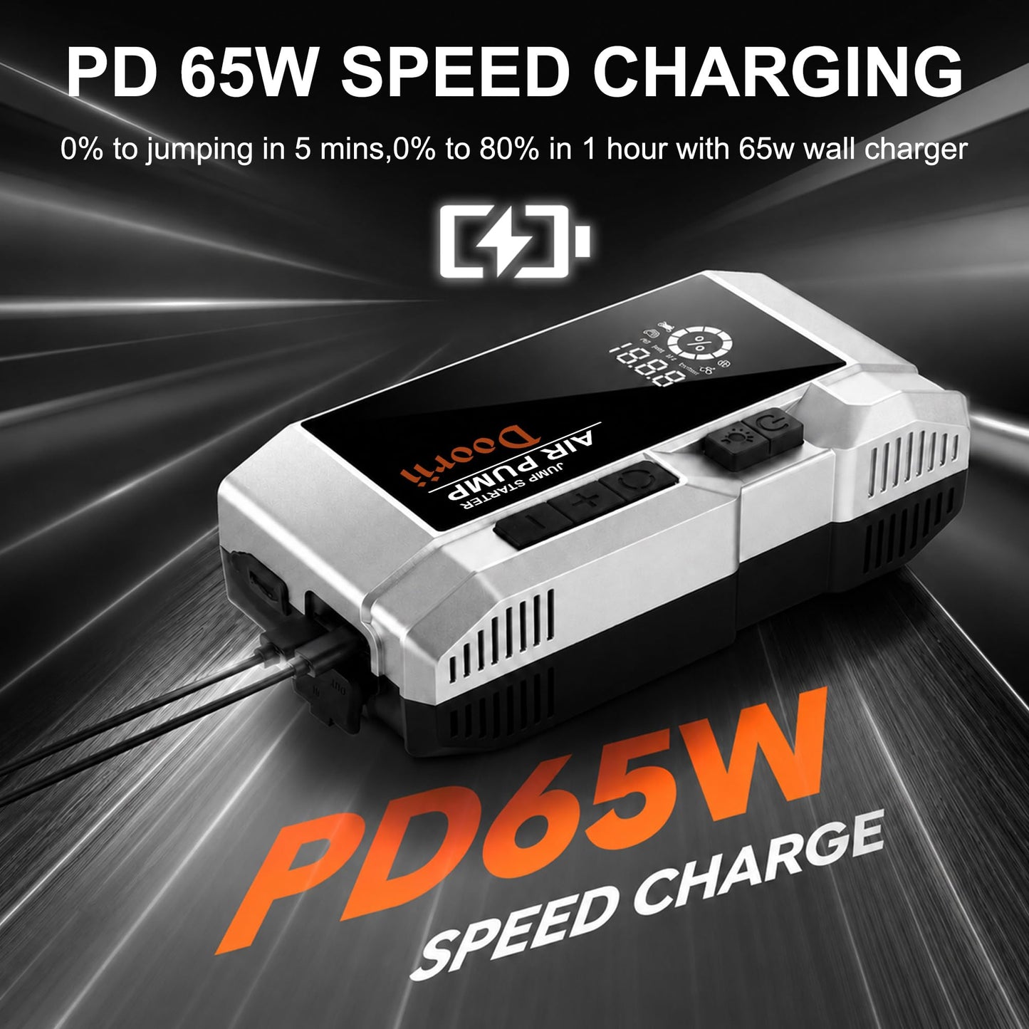 Doorii 8000A Car Jumper Starter Portable with PD65W USB-C Charging(in/Out), 11-in-1 Jump Starter with Air Compressor, 150PSI Tire Inflator for Up to All Gas/12L Diesel