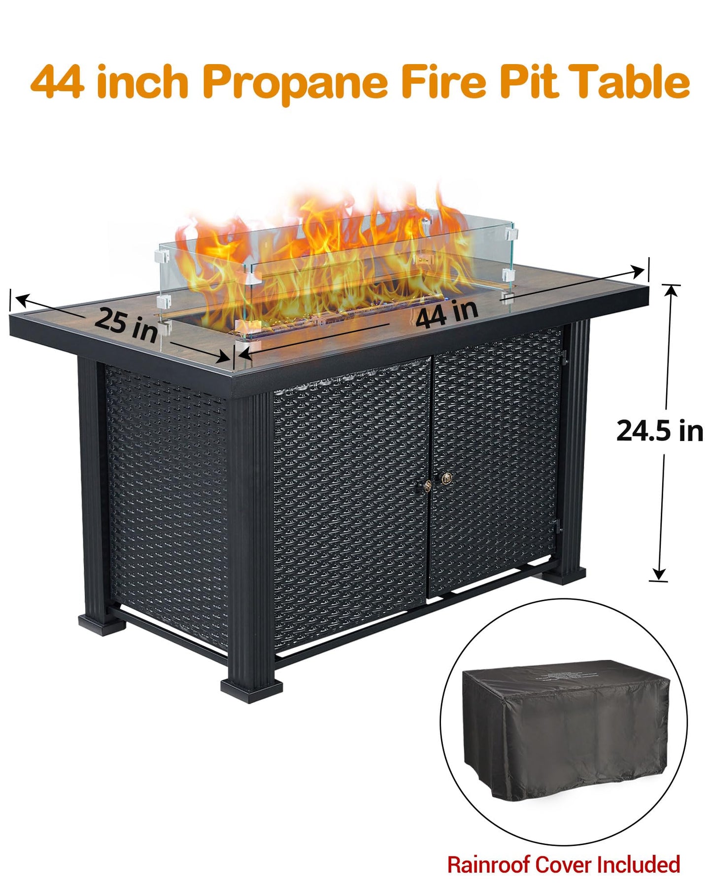 GarveeLife 44 in Propane Fire Pit Table,50000 BTU Fire Table with Ignition System,Outdoor Fire Table with Glass Rocks for Patio Garden Backyard,Rain Cover and Wind Guard Glass Included