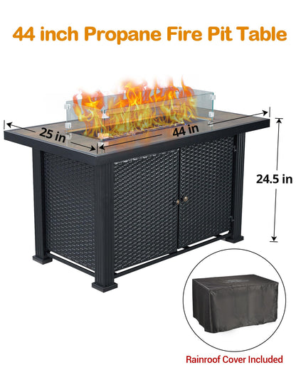 GarveeLife 44 in Propane Fire Pit Table,50000 BTU Fire Table with Ignition System,Outdoor Fire Table with Glass Rocks for Patio Garden Backyard,Rain Cover and Wind Guard Glass Included