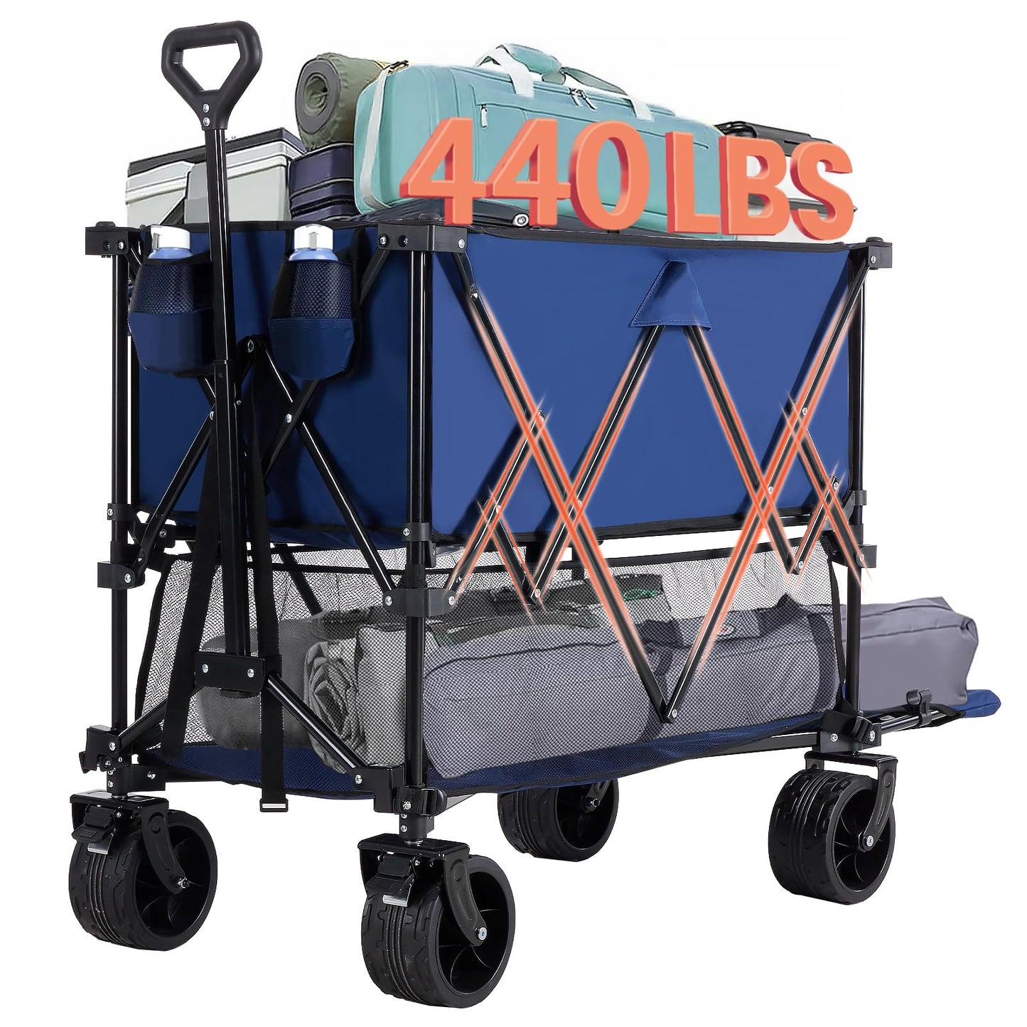 DUMOS 440LBS Heavy Duty Double Decker Wagon with 51IN Extender, 400L Large Capacity Collapsible Garden Cart, All-Terrain 7IN Wheels with Brakes, Foldable Utility Wagon for Shopping, Camping, Blue