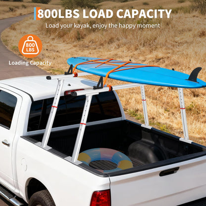 Heavy-Duty 800 LBS Aluminum Truck Ladder Rack, Adjustable 35.4–71 in Pickup Bed Cargo System with Drilling Mount for Lumber, Kayak, Surfboard & Work Equipment - Silver