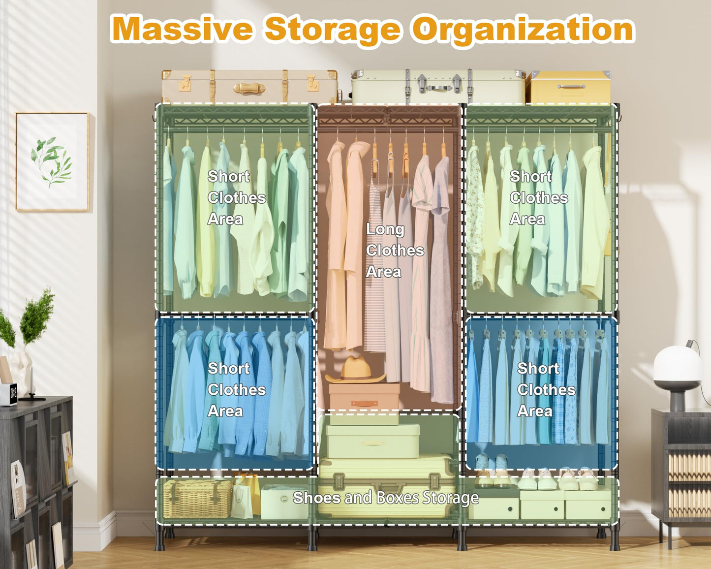 ULIFHOME E14C Heavy Duty Closet Organizer System，Freestanding Clothing Racks for Hanging Clothes，Adjustable Garment Rack 58" W × 16" D × 77" H Hold 860 lbs，Black Rack with Black Dustproof Cover