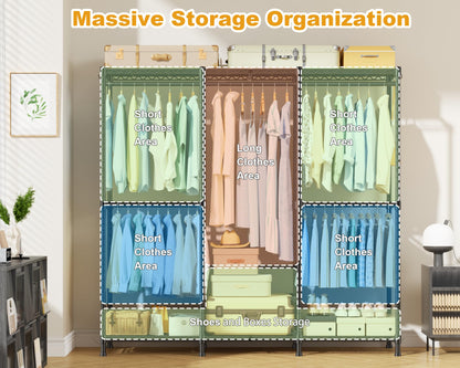 ULIFHOME E14C Heavy Duty Closet Organizer System，Freestanding Clothing Racks for Hanging Clothes，Adjustable Garment Rack 58" W × 16" D × 77" H Hold 860 lbs，Black Rack with Black Dustproof Cover