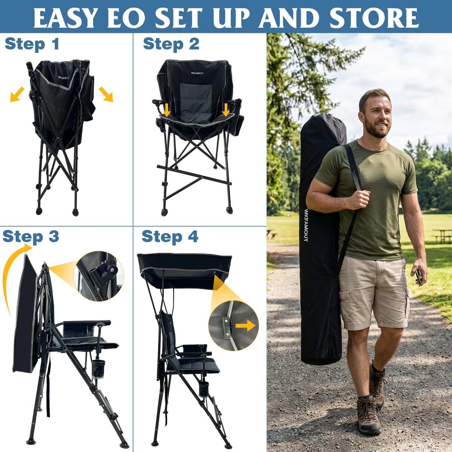WKFAMOUT 27" Tall Folding Director Chair Oversized with Canopy Shade for Adults Heavy Duty Camping Chair Portable with Footrest & Carry Bag Supports 300 lbs