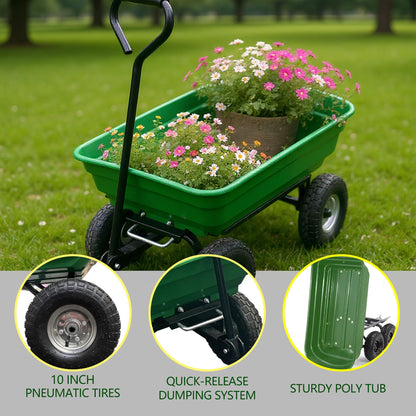 GarveeTech Heavy Duty Utility Wheelbarrow Cart 4 Wheel Garden Wagon with Dump Feature, Foldable D-Handle Steering, Built-in Stand, All-Terrain Rolling Yard Cart for Gardening, Lawn, Landscaping