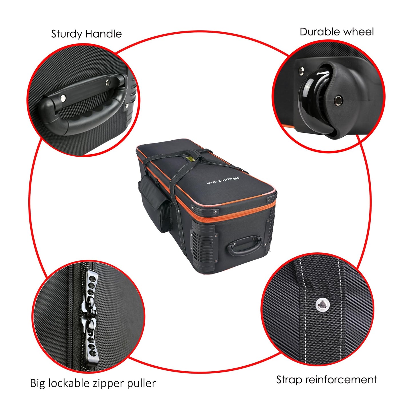 MagicLine Photo Studio Trolley Case with Side Pocket 39.4"x14.6"x13"/100x37x33 cm, Rolling Camera Case Bag, Carrying Bag with Wheels for Light Stands,Tripods,Flashes,Telescopes