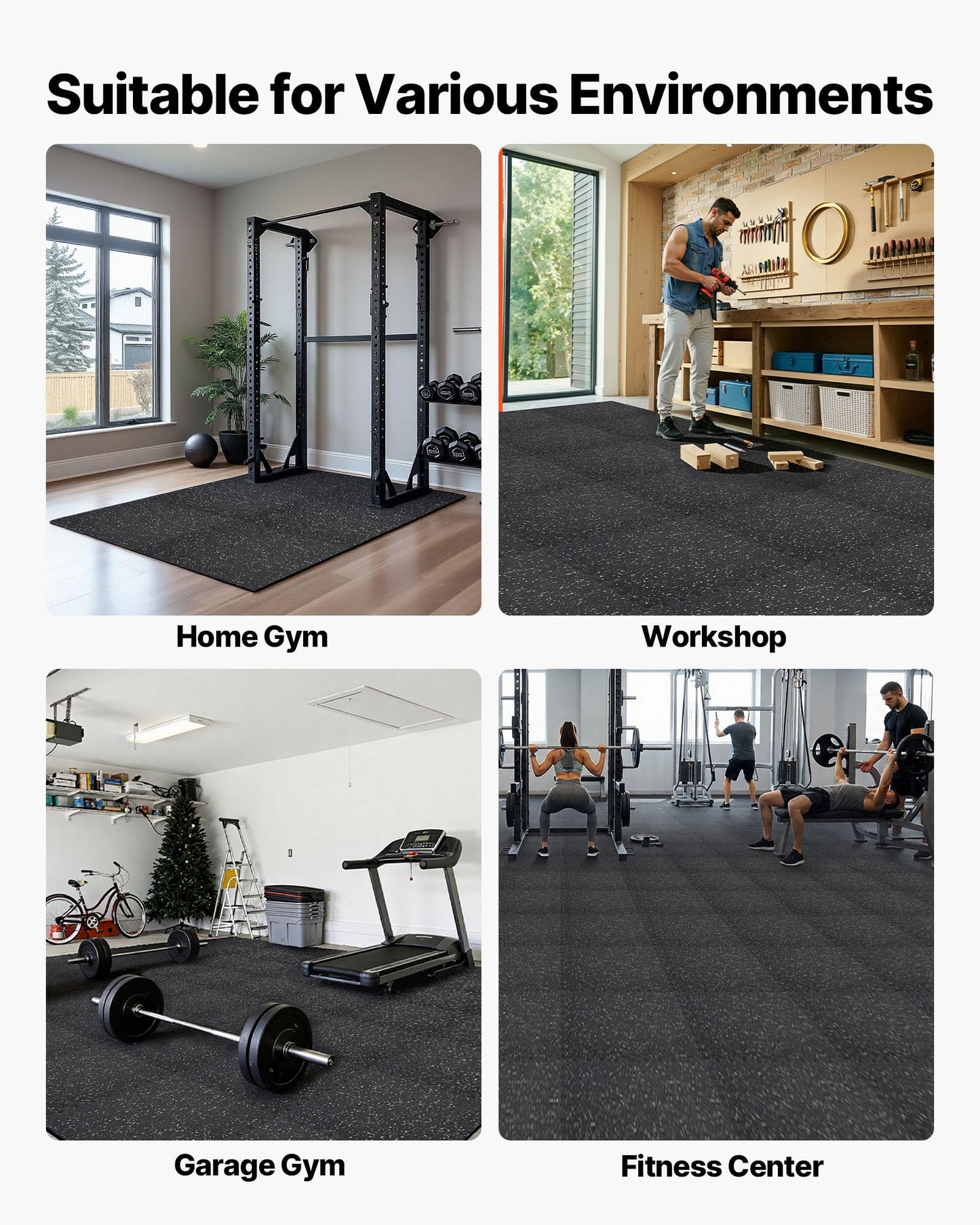 VEVOR 0.4Inch 96sq.ft 24 Tiles Gym Flooring for Home Gym, Rubber Top with High Density EVA Foam, 24 x 24In Gym Floor Exercise Equipment Mats, Interlocking Gym Mats, Puzzle Workout Mats, Black & Gray