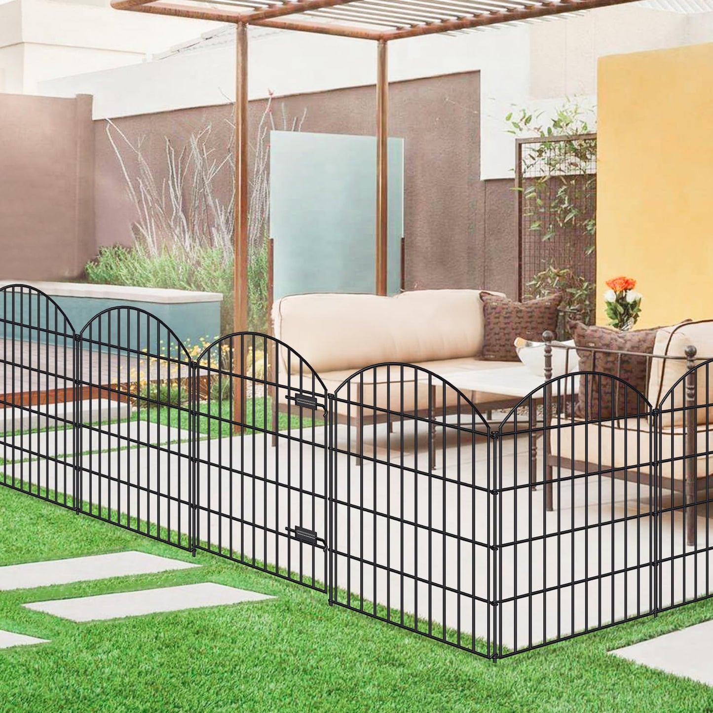 FOREHOGAR Metal Garden Fence with Gate 36in (H) x 23.3ft (L), 1 Gate+ 9 Panels Dog Fence Border Fence Animal Barrier, No Dig Garden Fencing for Yard Flower Bed Lawn Patio Outdoor, ECG3610, Black