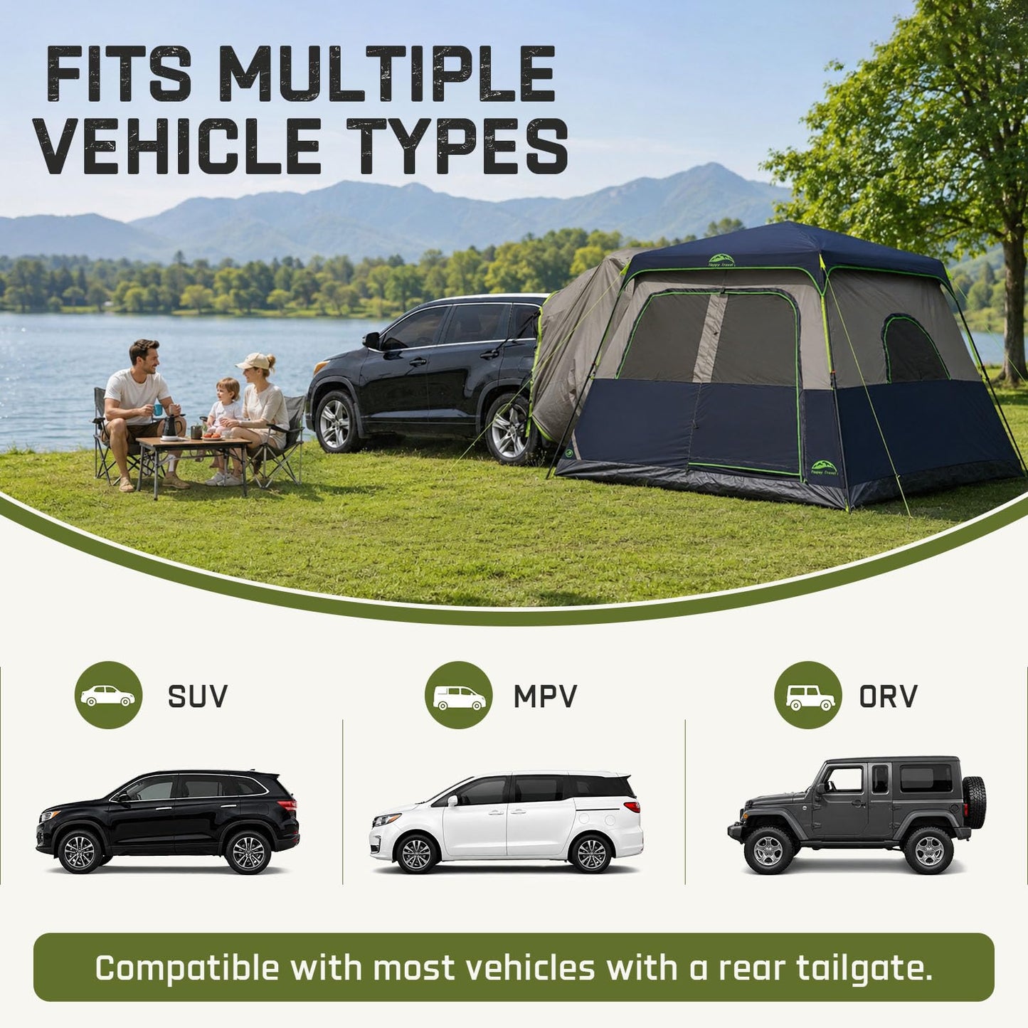 Happy Travel SUV Tents for Camping, 6 Person Instant Tent with 60 Seconds Easy Setup, Waterproof Car Tailgate Cabin Tent with Rainfly for Family Camping, Expandable Carry Bag,10' W X 10' L X 7.1' H