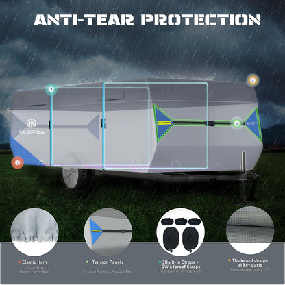 GLOPDA Pop Up Camper Cover Fits 16' - 18' Trailers, Anti-Tear 7 Layers Top 3 Layers Side Tent Trailer Cover, Waterproof Pop Up Folding Trailer Cover with Windproof Strap, Superior RV Covers