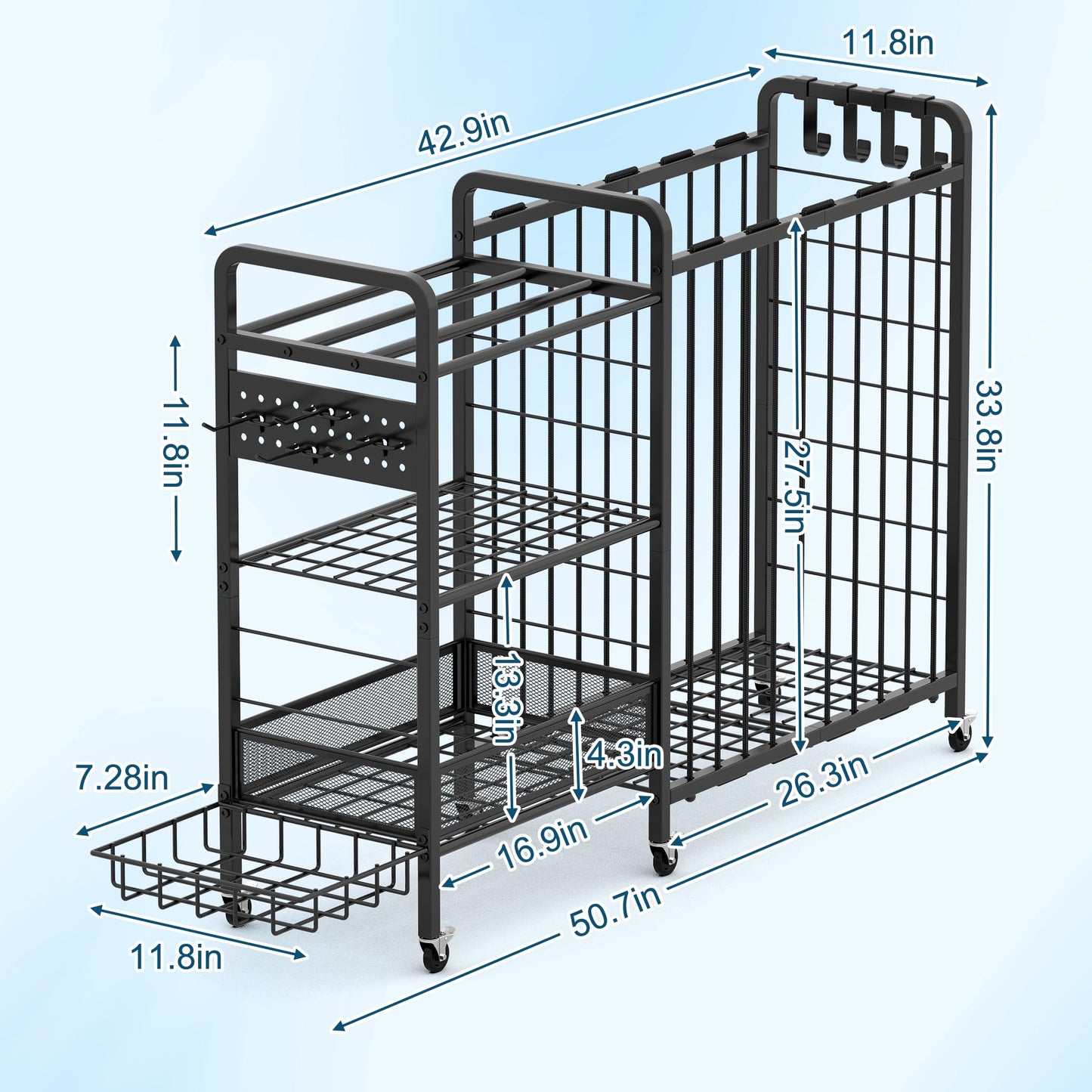 DUDUXI Sports Equipment Garage Organizer,Garage Ball Storage Rack for Sports with Wheels-Upgraded 3 Layers Organizer Rack Outdoor Basketball Racks for Balls with Holder and Hooks (Deep Black)