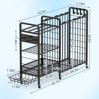 DUDUXI Sports Equipment Garage Organizer,Garage Ball Storage Rack for Sports with Wheels-Upgraded 3 Layers Organizer Rack Outdoor Basketball Racks for Balls with Holder and Hooks (Deep Black)